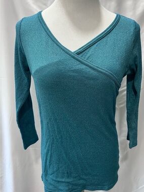 Michael Stars Teal Metallic Long Sleeve V Neck Wrap Front Top One Size Fits Most